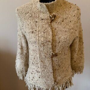 Ruby Rd. Petite Small Brown Nubby Flecked  3/4 Sleeve Fringed Toggle Cardigan